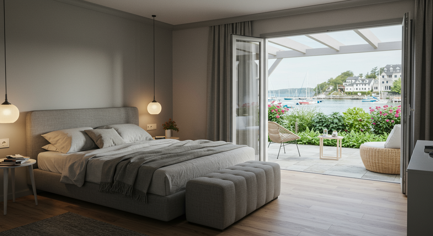 Quarto elegante com cama perfeitamente arrumada e espaço organizado